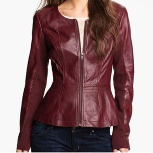 Hinge Nordstrom red 100% peplum leather jacket Sz XS